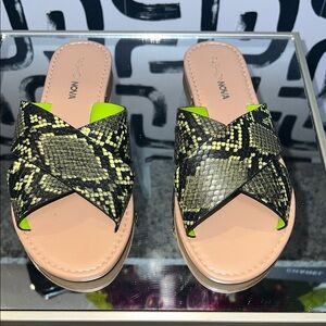 Fashion Nova Snake Print Sandals - Black and Yellow